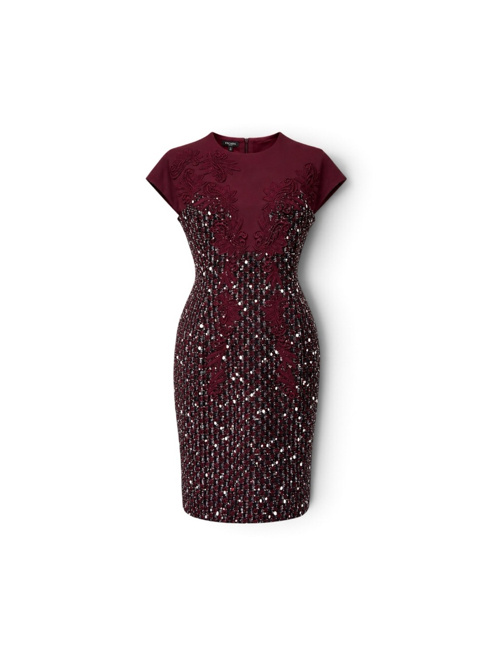 ESCADA Burgundy Embroidered Tweed Sequin Sheath Dress Size 38